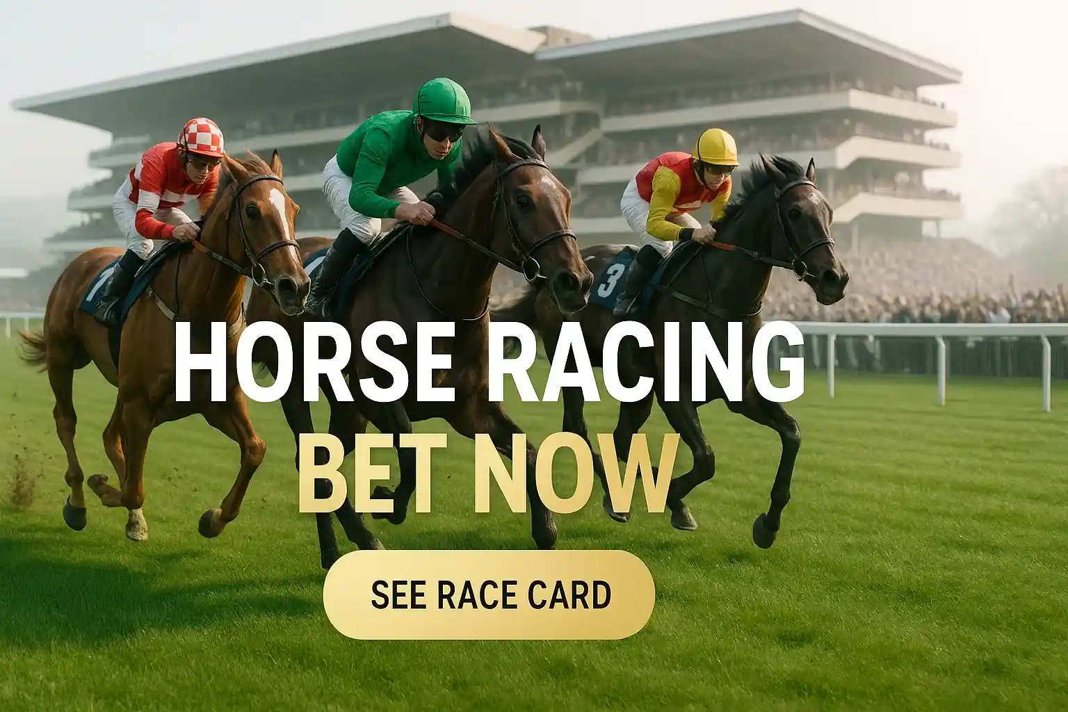 Three thoroughbreds galloping at Cheltenham with betting banner text overlay