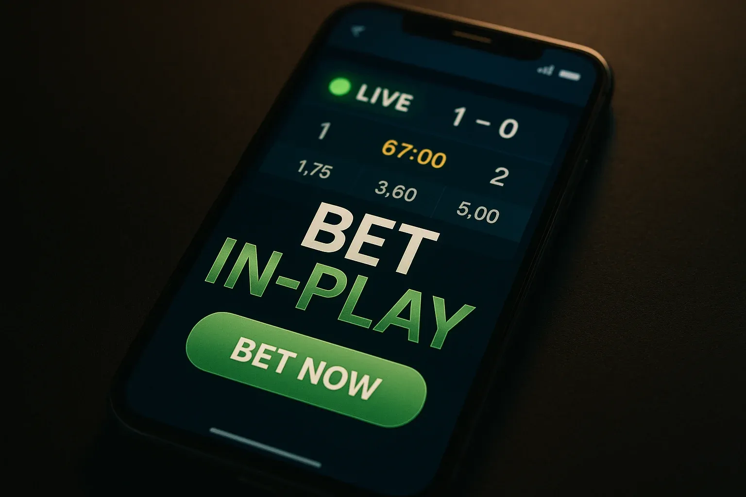 Smartphone showing live in-play football betting odds and bet now banner