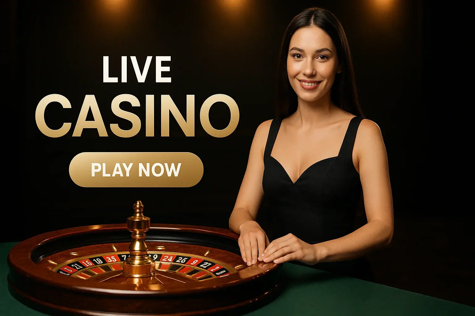 Elegant female croupier with roulette wheel on luxury live casino banner