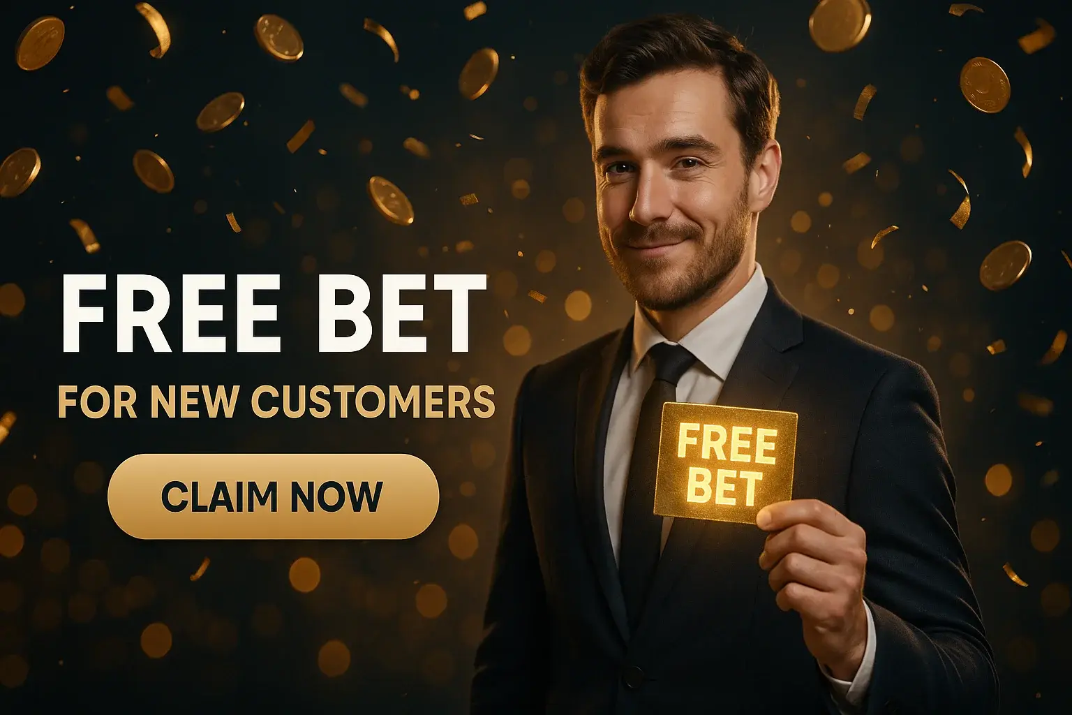 British man holding glowing free bet slip with gold coins