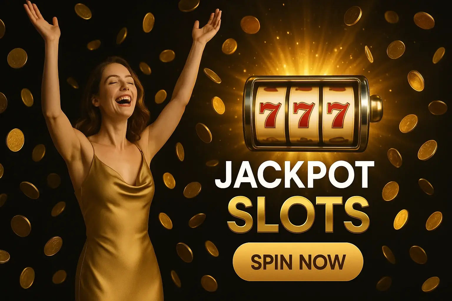 Glamorous woman celebrating jackpot beside glowing slot machine with raining gold coins