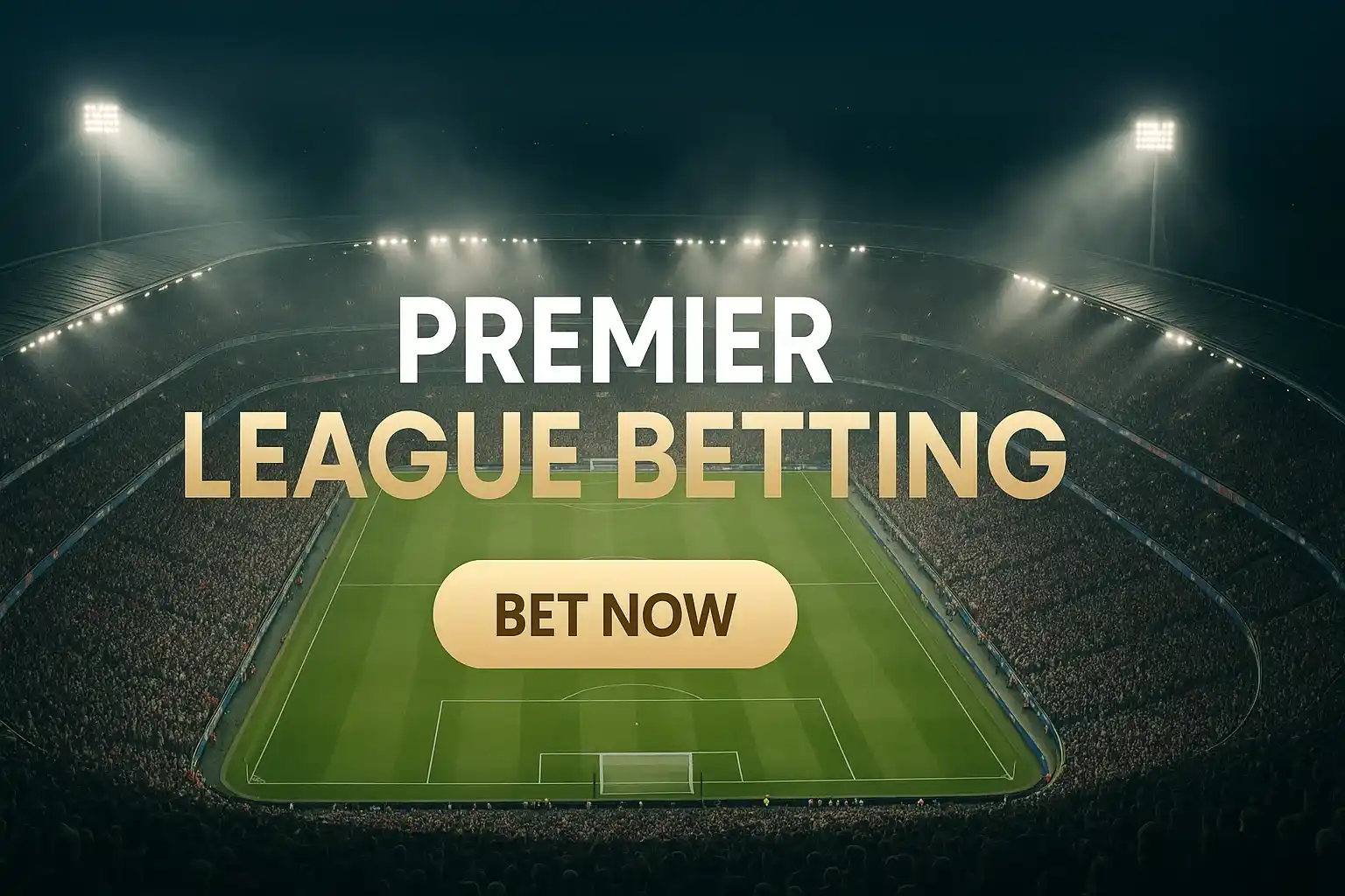 Aerial night stadium banner with Premier League betting text and gold button